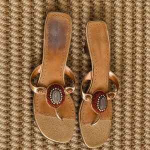 Enzo Angiolini Women Size 10M Beaded Kitten Heel Sandals Gold Brown Boho Resort
